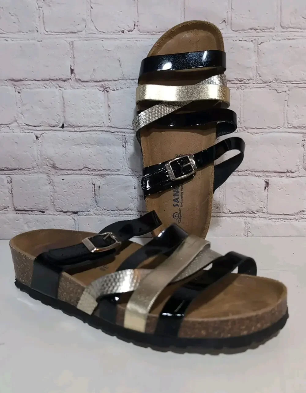 Sanosan Black Patent Metallic Leather Straps Soft Footbed Cork Wedge Sandals 38